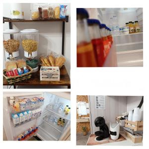 tres fotos de un refrigerador abierto con comida y bebida en A casa di Alma en Terni