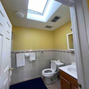 a bathroom with a toilet and a sink and a skylight at Business & Family Friendly Balcony Jacuzzi Free Park in Jersey City