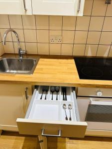 a kitchen with a sink and a stove at Premium Studio Flat 02 Near Tower Bridge in London