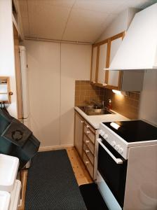 a small kitchen with a stove and a sink at Ljungdahl in Korppoo +2 photos