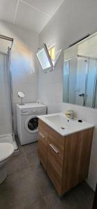 łazienka z umywalką i pralką w obiekcie Nice studio with pool and internet fiber w mieście Torremolinos