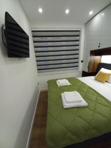 a bedroom with a large green bed with a window at Heart of Sarajevo - Baščaršija Private Garage in Sarajevo