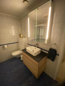 a bathroom with a sink and a toilet and a mirror at Privat hjem i Grimstad - Nær Arendal og Dyreparken in Grimstad