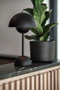 a black lamp sitting on a table with a potted plant at Rosa Style in Rowy