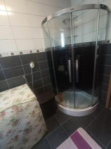 a shower with a glass door in a bathroom at Sleep & fly - Single room with shared bathroom in Sarajevo +22 photos