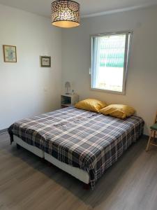 una camera da letto con un letto con una coperta scozzese e una finestra di Chez Olivier et Damien a La Roche-sur-Yon