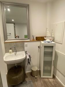 a bathroom with a sink and a mirror at Schön, praktisch & zentrale Lage in Bergrheinfeld