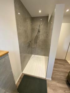 ein Bad mit einer Dusche und einer Glastür in der Unterkunft Schön, praktisch & zentrale Lage in Bergrheinfeld