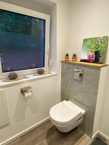 een badkamer met een wit toilet en een raam bij Schön, praktisch & zentrale Lage in Bergrheinfeld