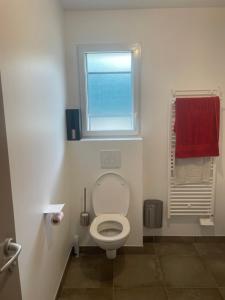 a bathroom with a toilet with a window and a red towel at Chez Olivier et Damien in La Roche-sur-Yon +21 photos
