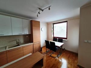 a kitchen with a table and chairs and a window at Apartment 'ACTIVE LIFE' - near to Hockey, Football and Basketball stadium, VIVO Shopping center in Bratislava