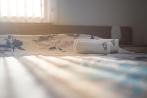 a roll of paper towels sitting on a bed at Apartments Villa Novak 1 in Okrug Donji