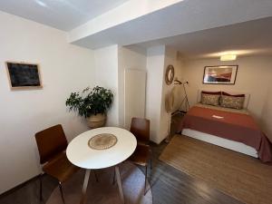 a small room with a bed and a table at Franziskaner Suites #12 in Graz