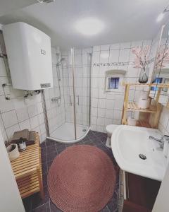 een badkamer met een douche, een wastafel en een toilet bij Franziskaner Suites #12 in Graz