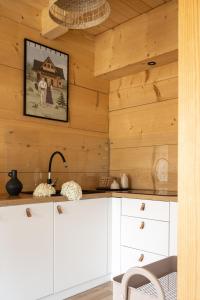a kitchen with white cabinets and wooden walls at Stylowa Chata in Zakopane