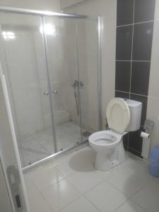 uma casa de banho com um WC e um chuveiro com uma porta de vidro em brilliant hotel em Bolu