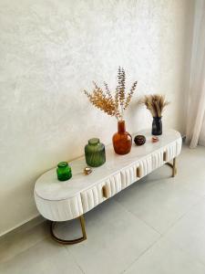 una tavola con vasi e piante sopra di essa di Sidi Rahal a Sidi Rahal