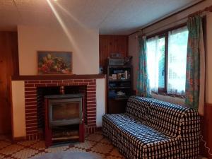 a living room with a fireplace and a couch at Grande maison normande autosuffisante en énergie in Ticheville