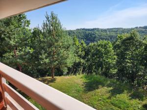 einen Balkon mit Blick auf einen Wald von Bäumen in der Unterkunft Shtepia e Malit in Pristina