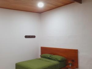 a small bedroom with a bed with green sheets at Suite amoblada en Santa Cruz in Puerto Ayora