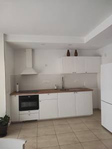 uma cozinha com armários brancos, um lavatório e um fogão em EL INGENIO em Ingenio