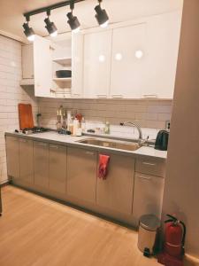 首爾的住宿－Peace and Quiet，厨房配有白色橱柜和水槽
