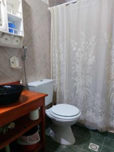 a bathroom with a toilet and a shower curtain at CASA los ciruelos in El Bolsón