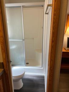 La salle de bains est pourvue de toilettes et d'une douche en verre. dans l'établissement GARDEN INN & Suites, à Hebbronville