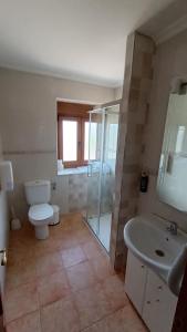 uma casa de banho com um WC, um lavatório e um chuveiro em Casa Elisa Monegro. 