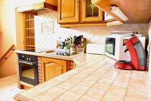 une cuisine avec un aspirateur rouge assis sur le comptoir dans l'établissement Chambres chez l'habitant - Chez Nico & Belen, 
