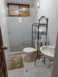 uma casa de banho com um chuveiro, um WC e um lavatório. em Departamento Independiente completo, Centro Histórico Quito em Quito
