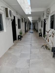 un corridoio vuoto di un edificio con sedie e piante di Casa Maria Fernanda a Playa del Carmen