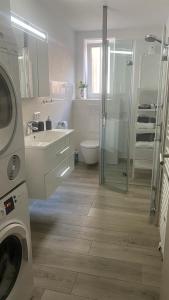 y baño con ducha y lavadora. en ST-Apartment Charming 1 mit Terrasse und Garten, 3 Zimmer in Geislingen, en Geislingen an der Steige