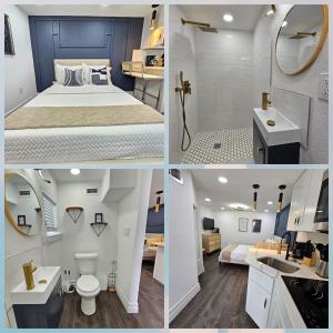 un collage de cuatro fotos de un dormitorio y un baño en The Hideaway DT Orlando Tiny Home w Free Parking, en Orlando