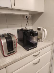 a toaster sitting on a kitchen counter next to a microwave at Stockholm Guest apartment in Igelsta