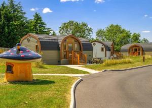 a group of homes with a mushroom house in the grass at Wild Acre Village At Sundown Adventureland in Retford