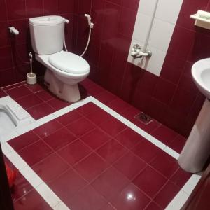 ein rotes Badezimmer mit WC und Waschbecken in der Unterkunft Family Guest House in Gulshan-e-iqbal , block-10 in Karatschi