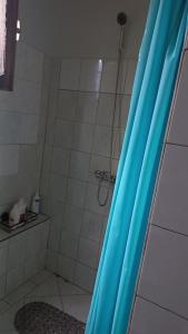 La salle de bains est pourvue d'une douche avec un rideau de douche bleu. dans l'établissement Charmant logement à 6min en voiture de la plage., à Anse-Bertrand