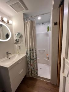 a white bathroom with a shower and a sink at Compact private room, private bathroom, laundry & free parking in a lovely Vancouver neighborhood in Vancouver
