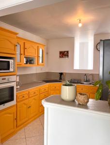 a kitchen with wooden cabinets and a white appliance at L'Escale, appt partagé, shared apartment in Pointe-à-Pitre