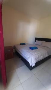 a bedroom with a bed with blue pillows on it at Homestay morelia in Labuan Bajo