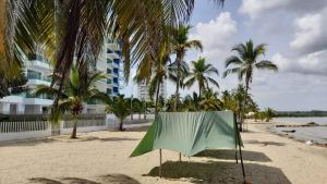 a tent on a beach with palm trees and a building at Apartamento Don Mathias # 1 in Coveñas