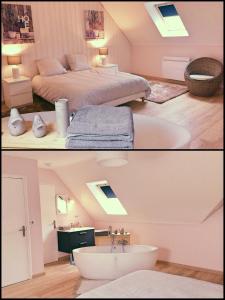 1 dormitorio con cama, bañera y lavamanos en La Ferme d'Antan Baie de Somme, en Mons-Boubert