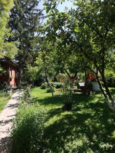 ハイドゥソボスローにあるÁrnyas Vendégházの木々と歩道のある緑の庭