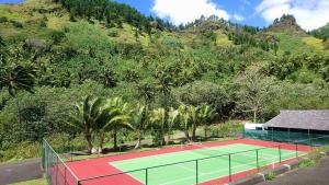 a tennis court in front of a mountain at Villa Rei in Papetoai