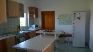 a kitchen with a white refrigerator and a counter top at Pensiunea Dealu Negru 17B in Dealu Negru