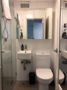 e bagno con servizi igienici, lavandino e doccia. di Lovely refurbished 1 bed near marina + parking a Sydney