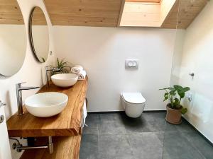 ein Badezimmer mit zwei Waschbecken und einem WC in der Unterkunft Hiša PRI JEZERU in Dobrovnik