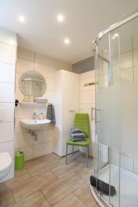 La salle de bains est pourvue d'une douche, d'un lavabo et de toilettes. dans l'établissement Ferienwohnung Talblick im Schwarzwald, à Seelbach