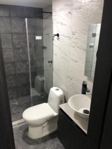 a bathroom with a toilet and a sink and a shower at Hotel Ocean Boutique Maicao in Maicao